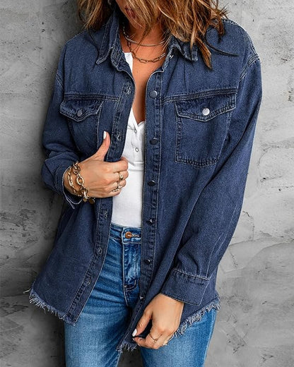 Oversized Button Up Frayed Hem Denim Jacket