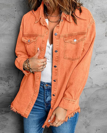 Oversized Button Up Frayed Hem Denim Jacket