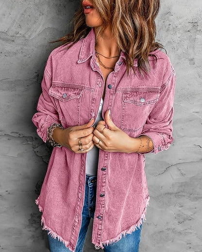 Oversized Button Up Frayed Hem Denim Jacket