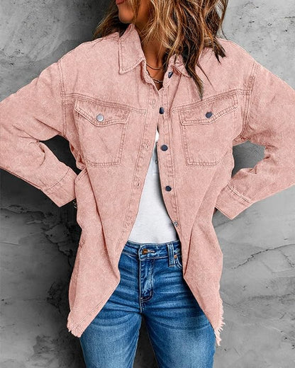 Oversized Button Up Frayed Hem Denim Jacket