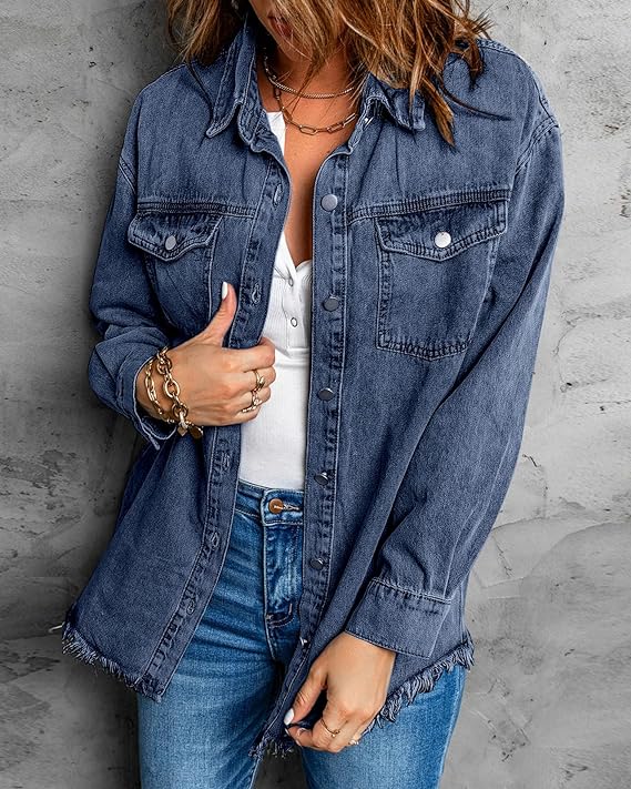 Oversized Button Up Frayed Hem Denim Jacket