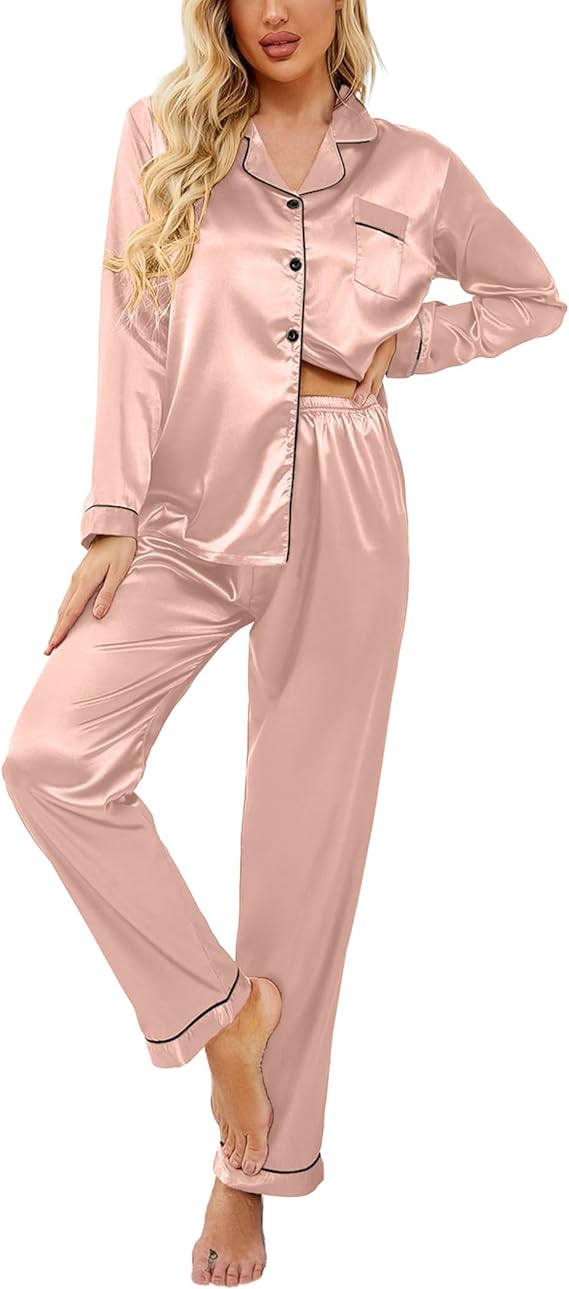 Classic Button Down Long Satin Silk Pajama Set