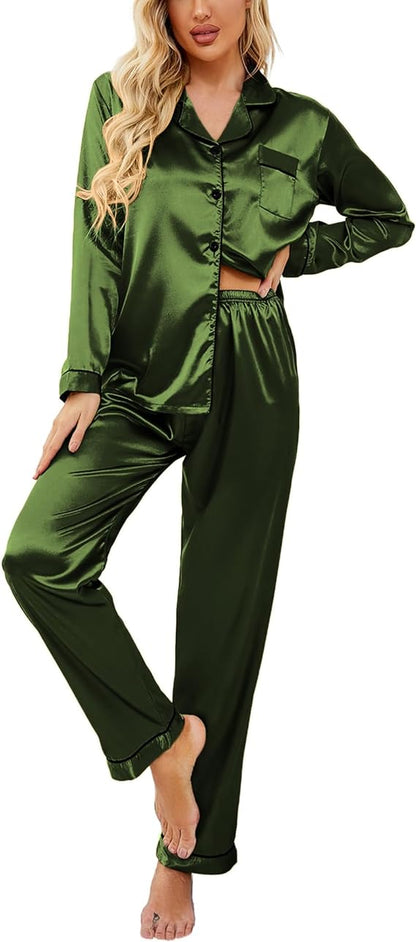 Classic Button Down Long Satin Silk Pajama Set