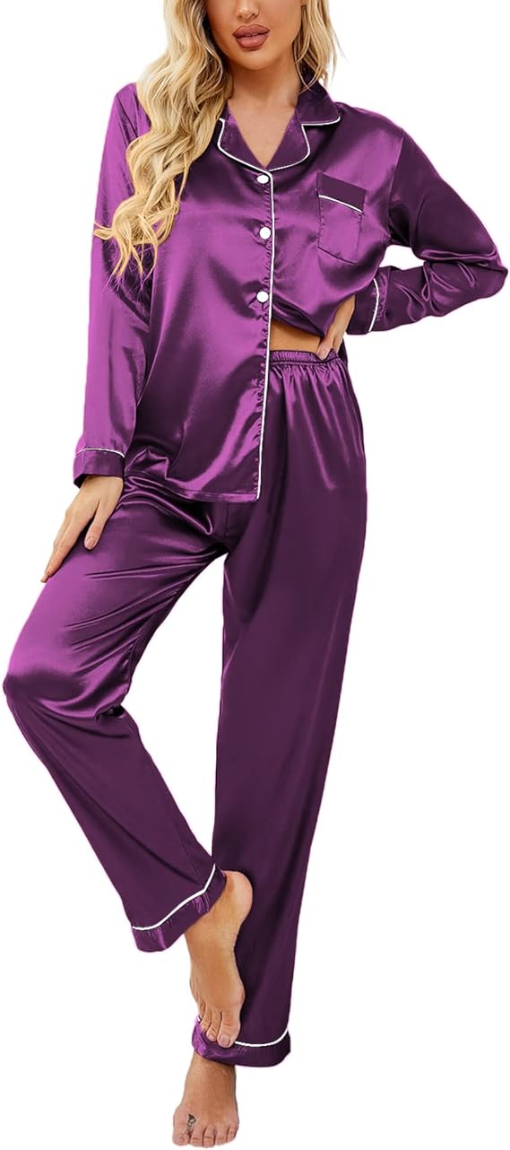 Classic Button Down Long Satin Silk Pajama Set