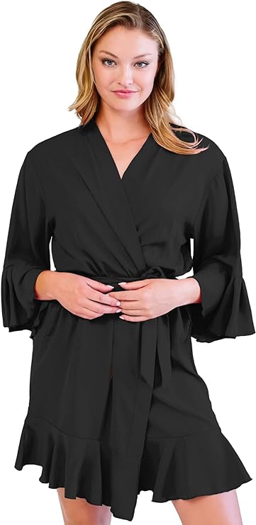 Kimono Style Stain Robe with 3/4 Bell Sleeves and Ruffle Trim