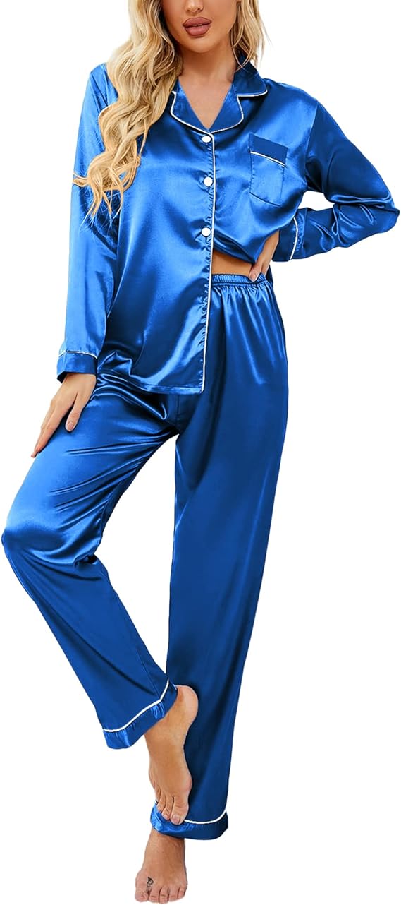 Classic Button Down Long Satin Silk Pajama Set