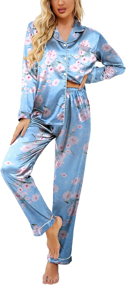 Classic Button Down Long Satin Silk Pajama Set