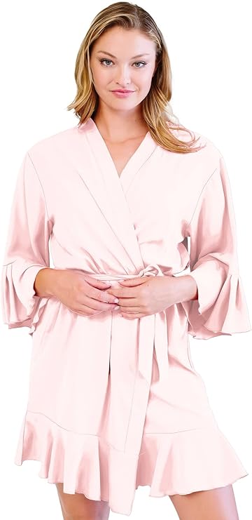 Kimono Style Stain Robe with 3/4 Bell Sleeves and Ruffle Trim