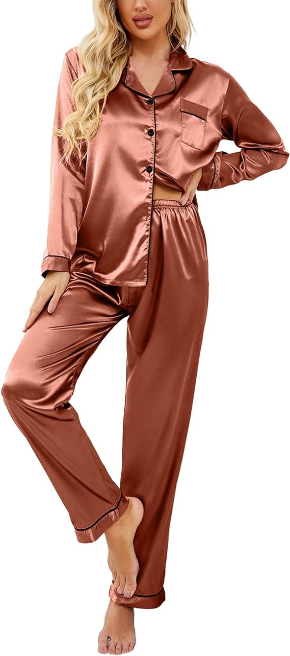 Classic Button Down Long Satin Silk Pajama Set