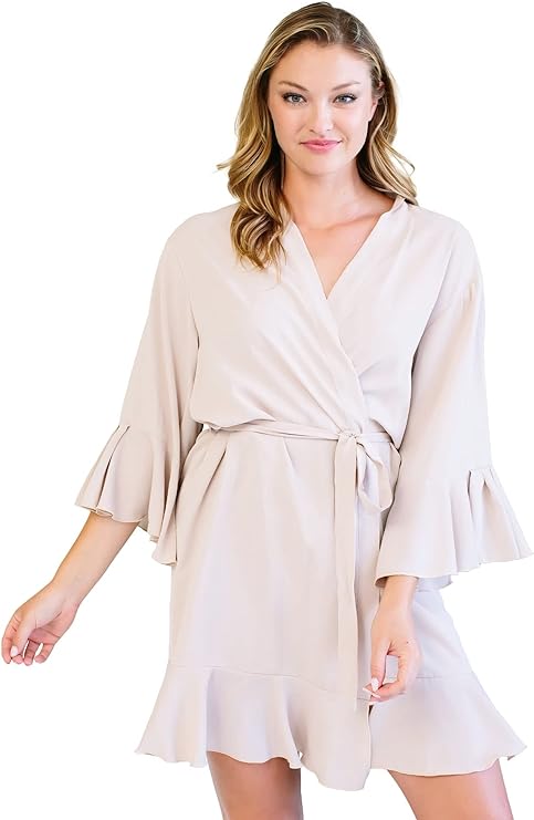 Kimono Style Stain Robe with 3/4 Bell Sleeves and Ruffle Trim