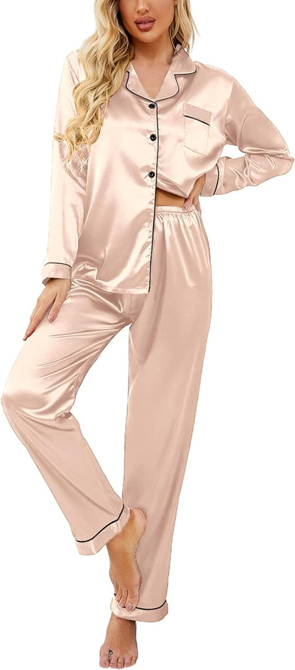 Classic Button Down Long Satin Silk Pajama Set