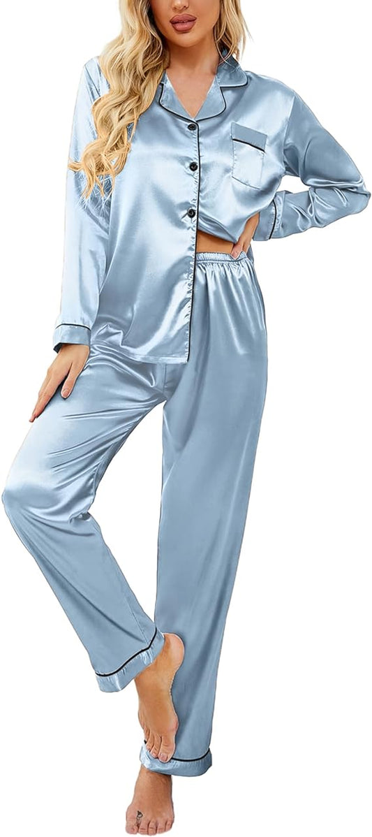 Classic Button Down Long Satin Silk Pajama Set
