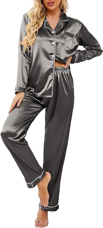 Classic Button Down Long Satin Silk Pajama Set