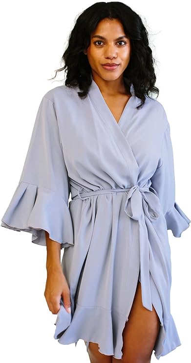 Kimono Style Stain Robe with 3/4 Bell Sleeves and Ruffle Trim