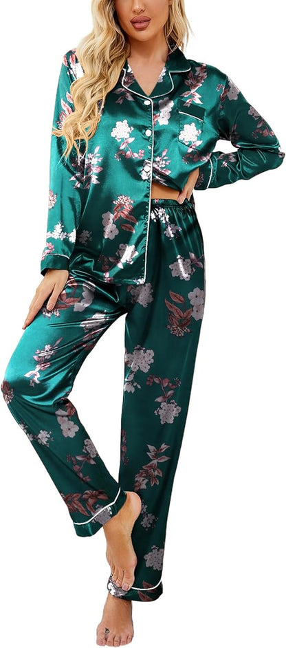 Classic Button Down Long Satin Silk Pajama Set