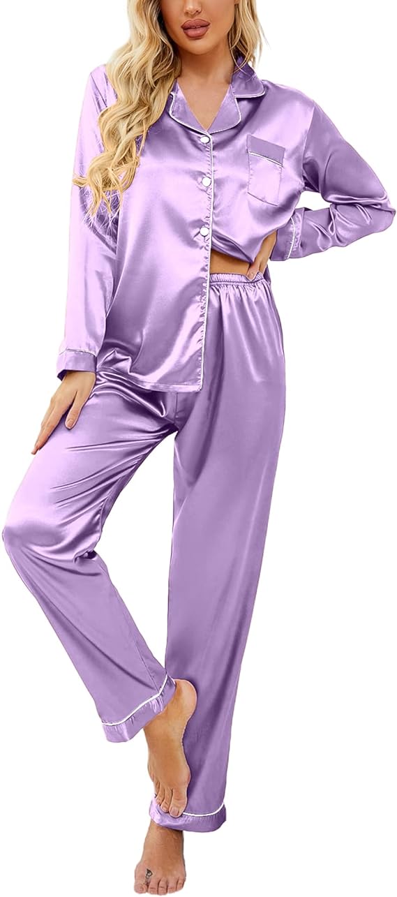 Classic Button Down Long Satin Silk Pajama Set