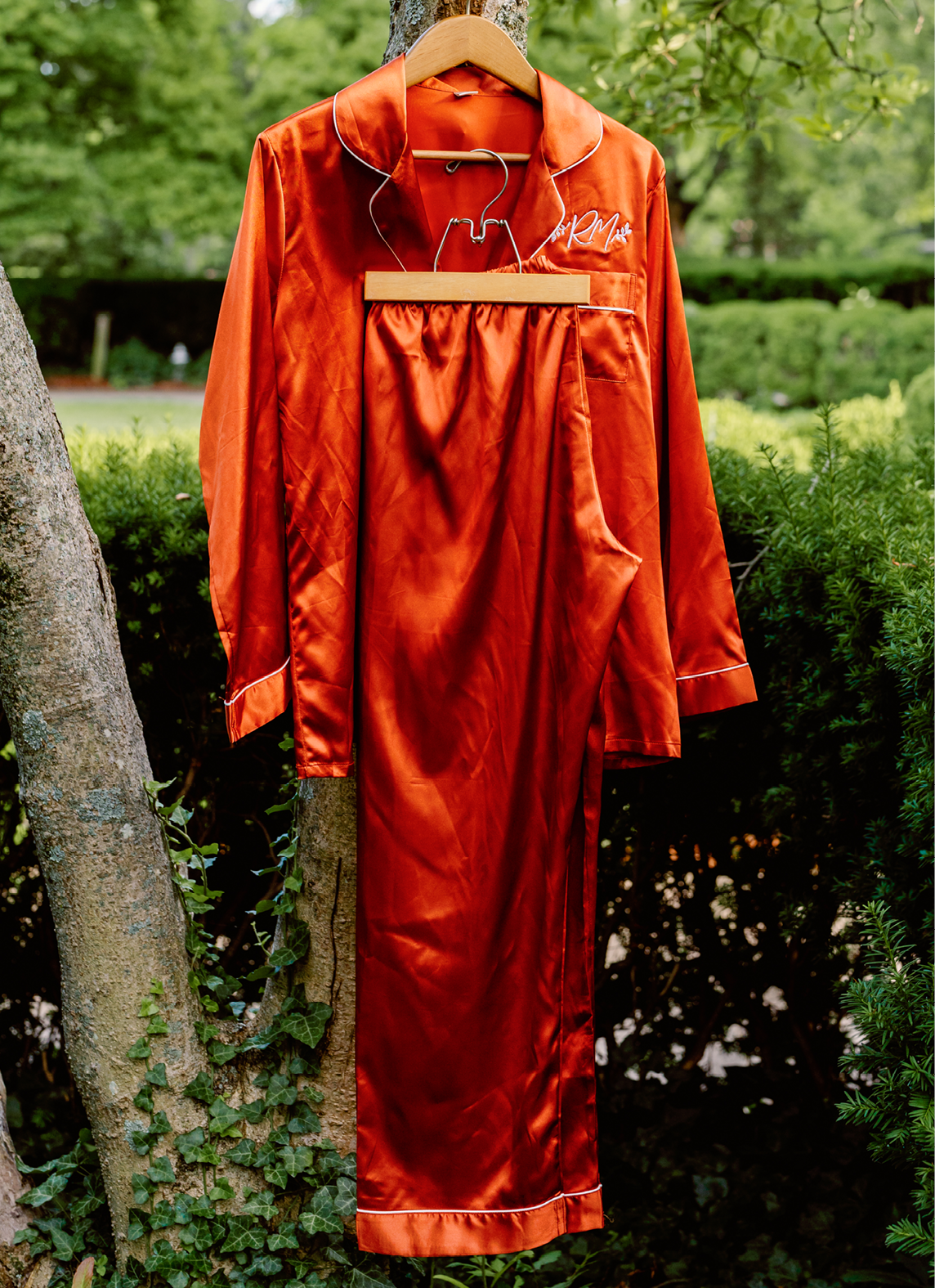 Embroidered Satin Pajama Set Getting Ready