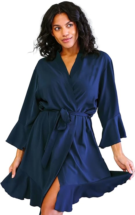 Kimono Style Stain Robe with 3/4 Bell Sleeves and Ruffle Trim