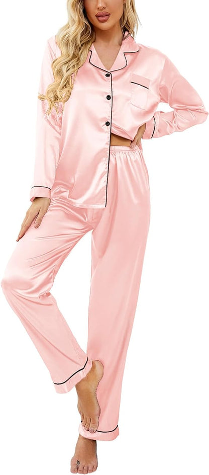 Classic Button Down Long Satin Silk Pajama Set