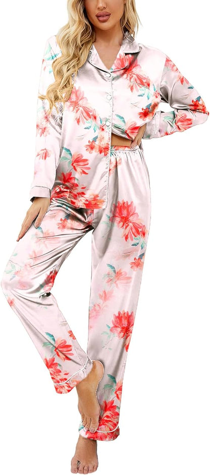 Classic Button Down Long Satin Silk Pajama Set