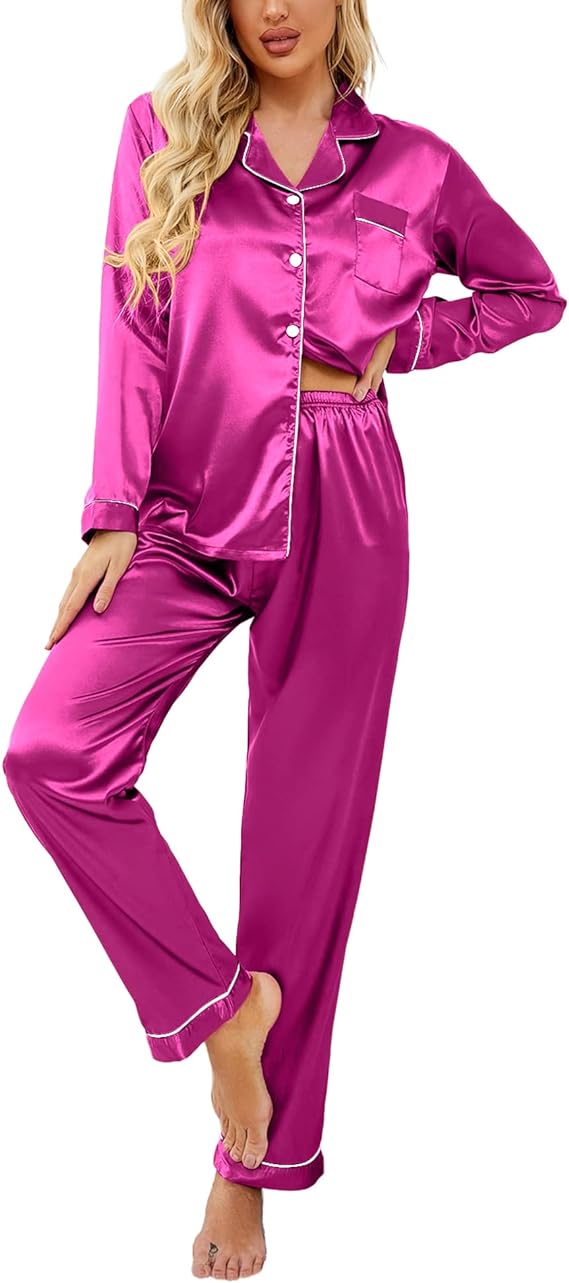 Classic Button Down Long Satin Silk Pajama Set