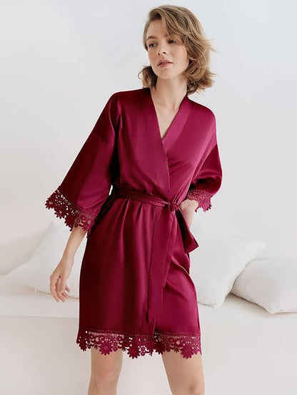 Short Lace Trimmed Satin Robe