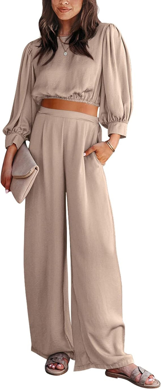 Two Piece - Crop Top with Long Flowy Balloon Sleeves and Matching Palazzo Loose Wide Leg Pant With Pockets
