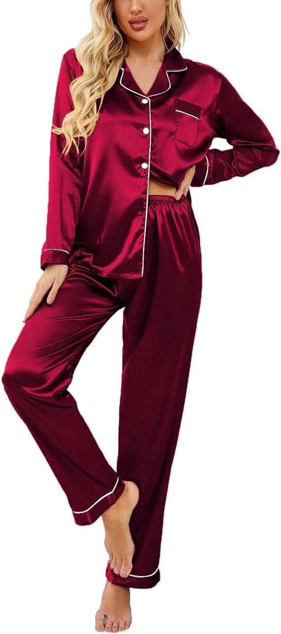 Classic Button Down Long Satin Silk Pajama Set