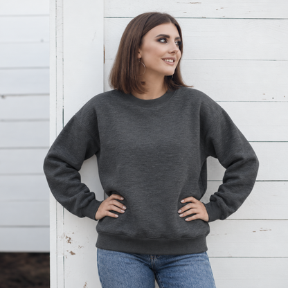 Heathered Charcoal crewneck color mockup shown on a model; embroidery added through personalization