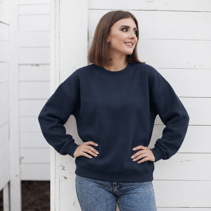 Navy Blue crewneck color mockup shown on a model; embroidery added through personalization