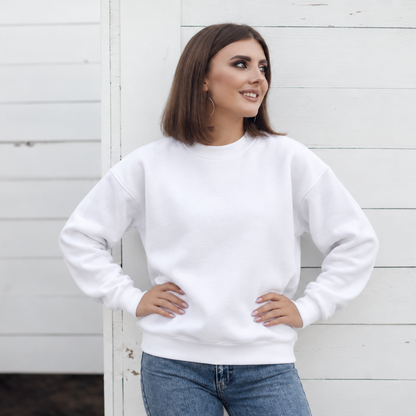 White crewneck color mockup shown on a model; embroidery added through personalization