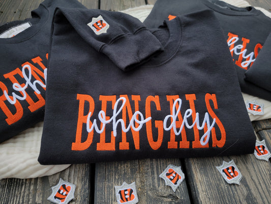Bengals Crewneck - Who Dey Script with the Official Ben-Gal Cheerleaders Silver B Patch