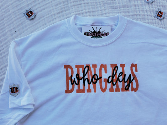 Bengals T-Shirt - Who Dey Script with the Ben-Gal Cheerleaders Silver B Patch