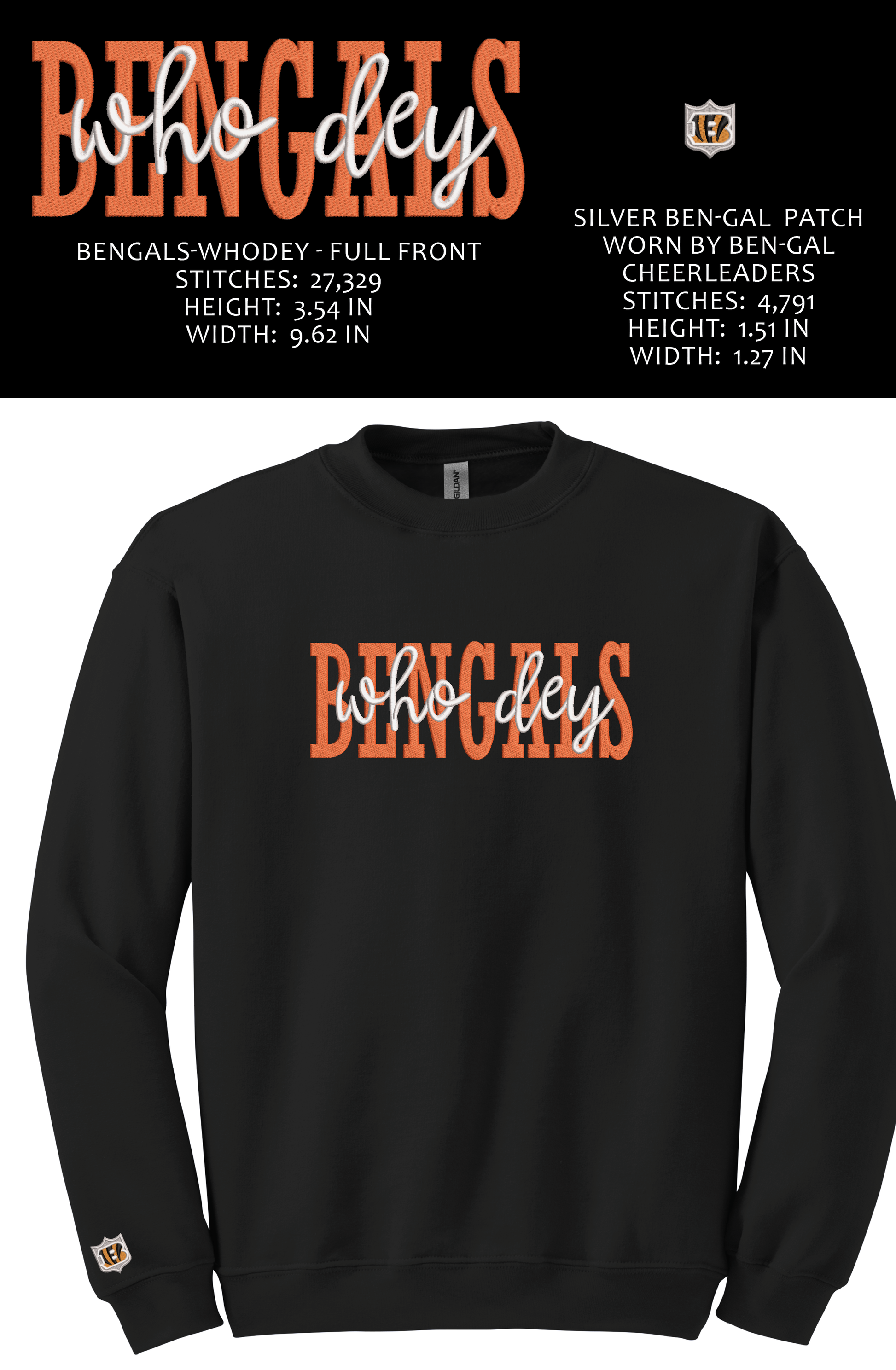 Cinci Made Embroidery Bengals Crewneck - Who Dey Script with The Official Ben-Gal Cheerleaders Silver B Patch XLarge / Black / Hoodie