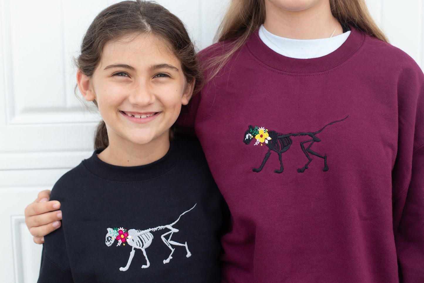 Kids Skelly Cat - Embroidered Maroon Crewneck Sweatshirt