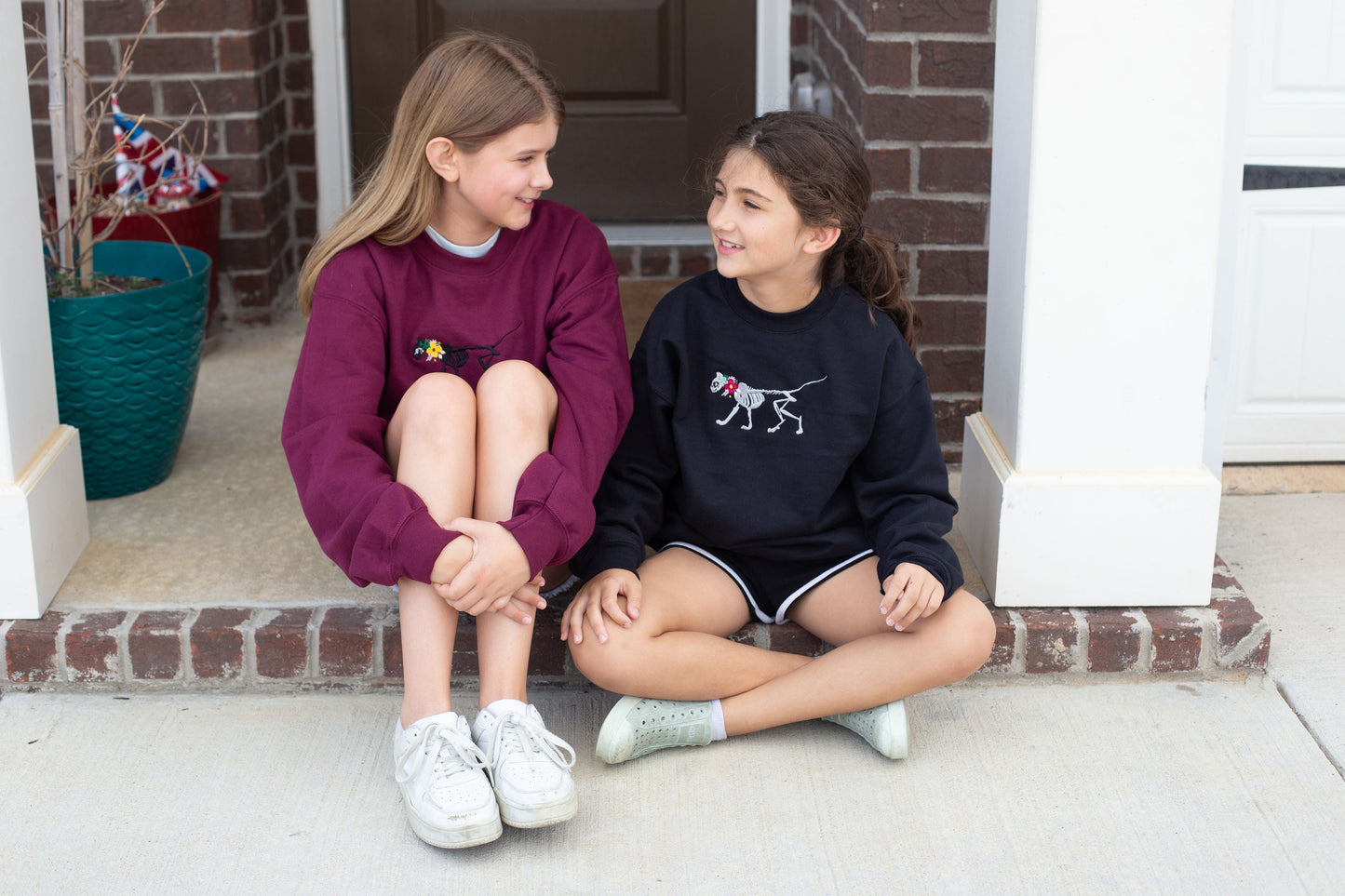 Kids Skelly Cat - Embroidered Maroon Crewneck Sweatshirt